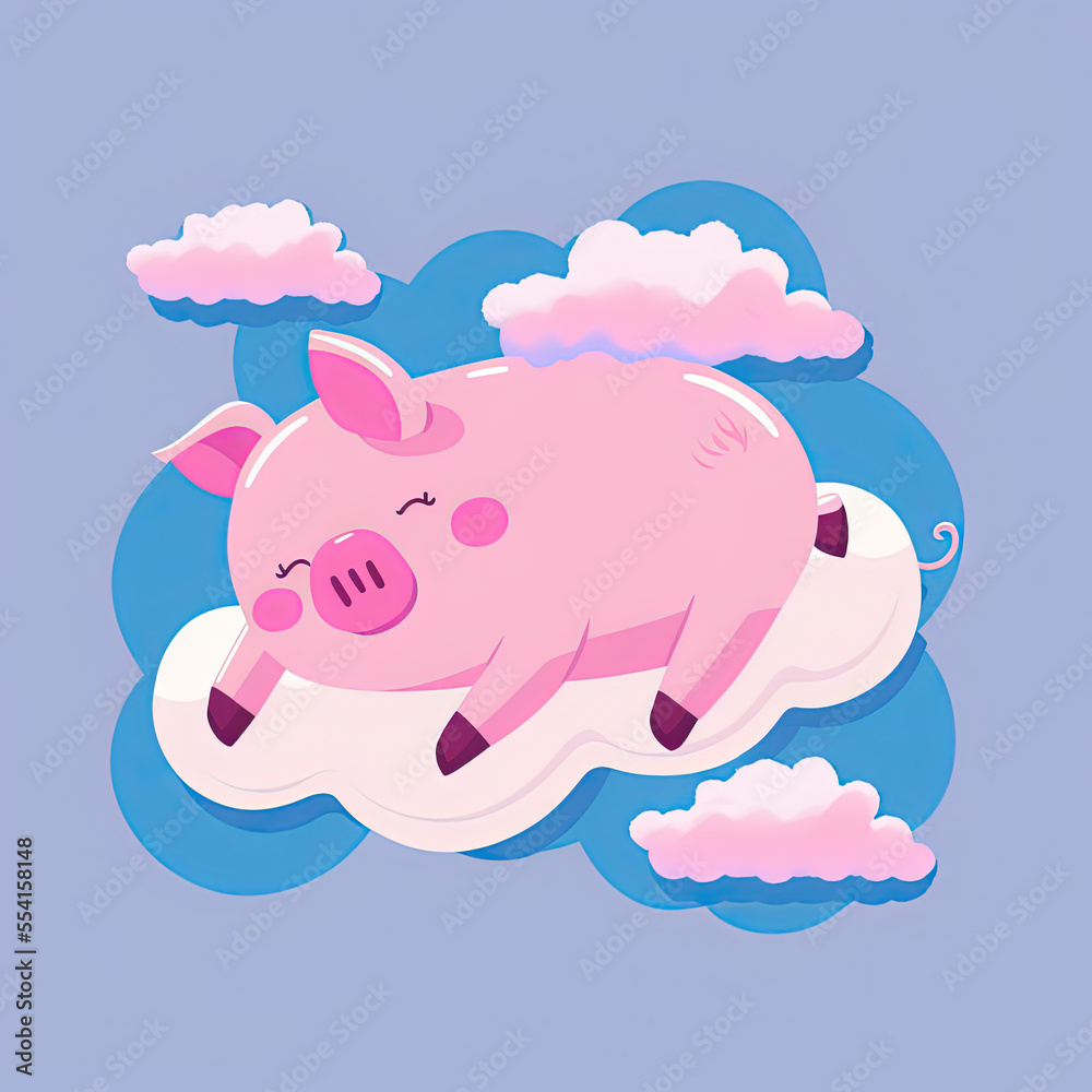 Cute Pig Sleep on a Cloud. KAWAII Stylish Comic Stamp. Flat Minimalist Design Art. For UI, WEB, Novel, Game, AD, Poster