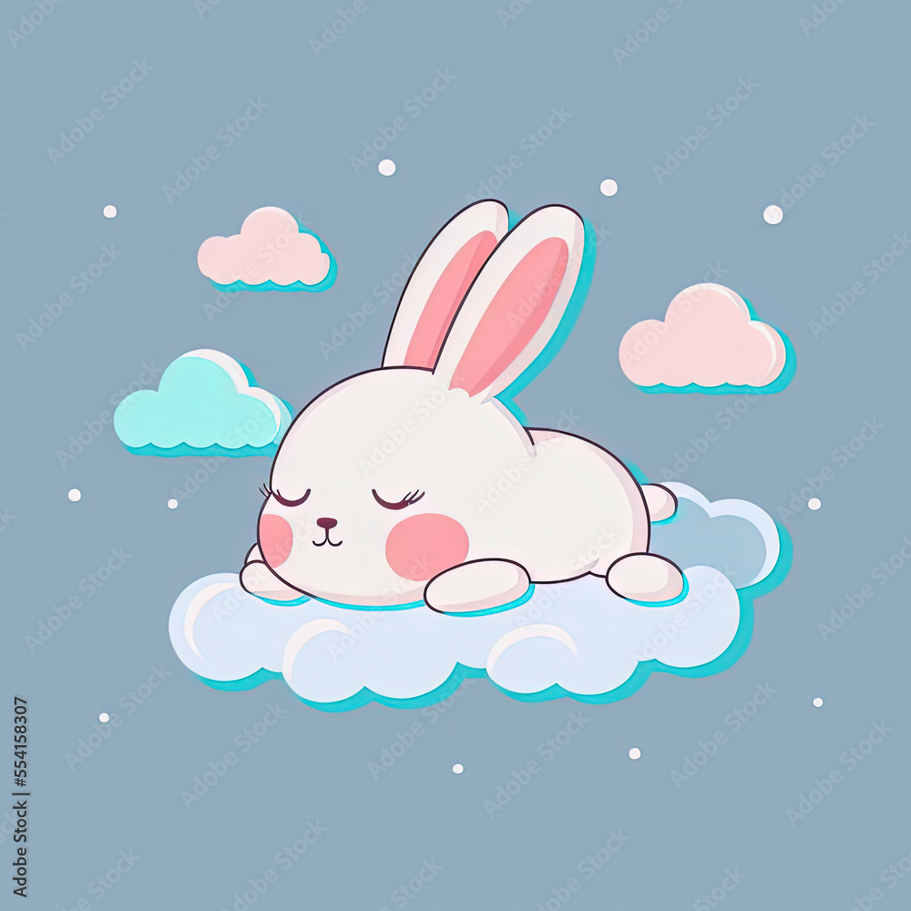 Cute Rabbit Sleep on a Cloud. KAWAII Stylish Comic Stamp. Flat Minimalist Design Art. For UI, WEB, Novel, Game, AD, Poster Cute Rabbit Sleep on a Cloud. KAWAII Stylish Comic Stamp. Flat Minimalist Design Art. For UI, WEB, Novel, Game, AD, Poster