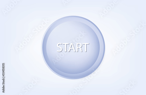 White round button Start 3d. Interface element, enable, start, continue. Modern switch, UI, play or join. Round shape, switch, input, enter, follow next. White button for settings. Vector illustration