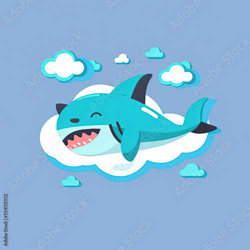 Cute Shark Sleep on a Cloud. KAWAII Stylish Comic Stamp. Flat Minimalist Design Art. For UI  WEB  Novel  Game  AD  Poster