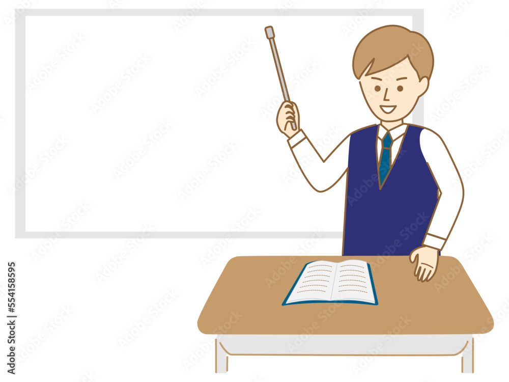 ベスト姿で指示棒を持って、ホワイトボードの前で話す男性