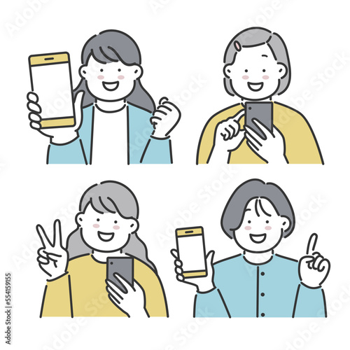 スマホを操作する女性のイラストセット