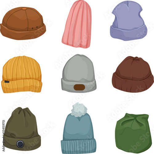beanie hat cap, mockup knit, winter clothes, wool fashion, cold style cartoon icons set vector illustrations