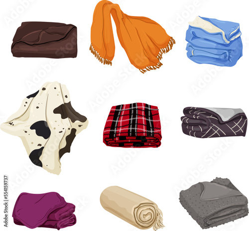 blanket bed, fabric plaid, picnic cloth, baby towel cartoon icons set vector illustrations