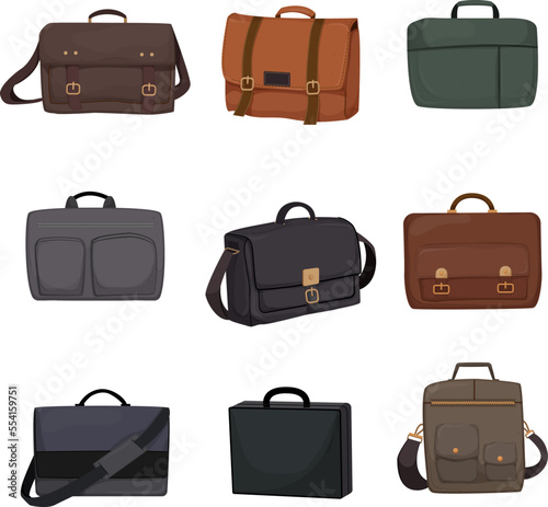 briefcase man, business bag, leather work case, office suitcase cartoon icons set vector illustrations