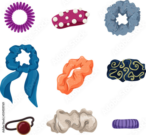 hair band scrunchy, elastic fabric velvet, ribbon hairband, fashion woman cartoon icons set vector illustrations