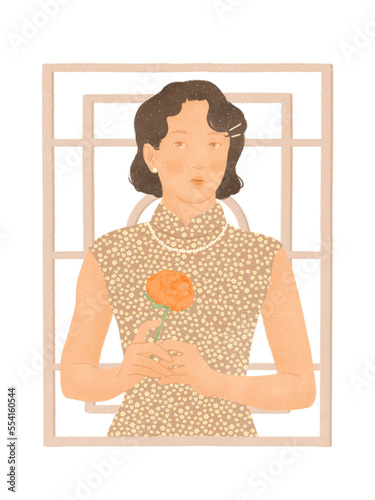 elegant Asian woman in traditional qi piao costume holding peony flower on transparent background photo