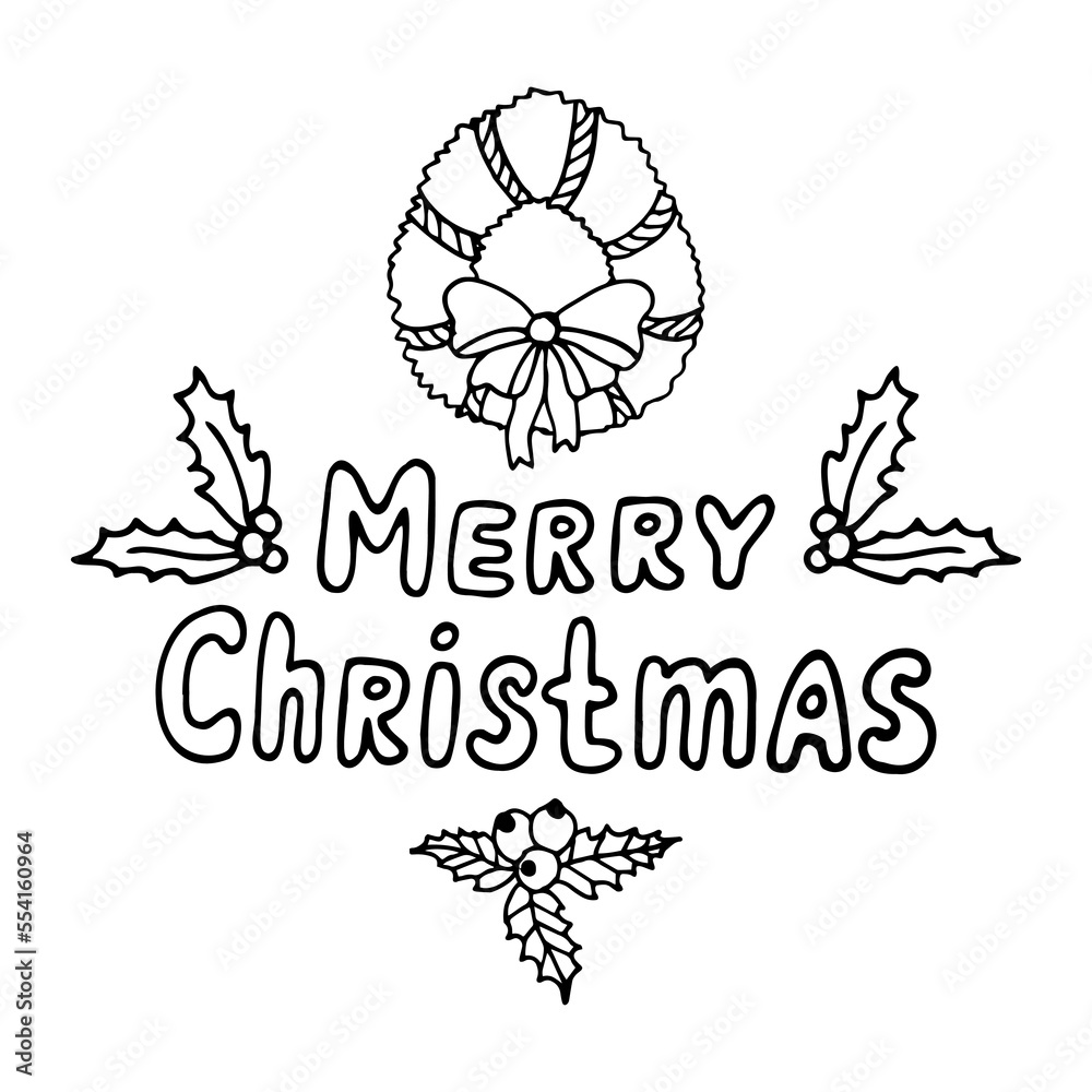 Merry Christmas card with wreath and holly in doodle style