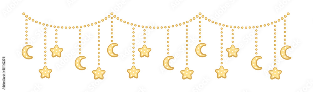 Moon and stars lights dangling bunting garland doodle illustration Moon and stars lights dangling bunting garland doodle illustration
