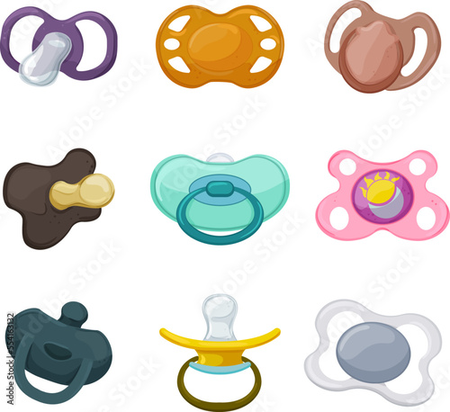 pacifier baby, dummy nipple toy, rubber soother, cute newborn suck cartoon icons set vector illustrations