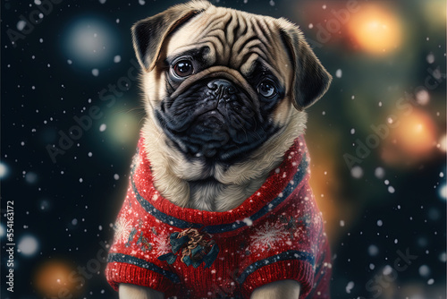 Cute dog wearing Christmas sweater with yellow bokeh behind, in winter season.