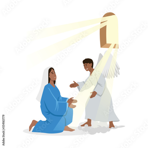Annunciation, religion, bible, christianity concept. Catholic orthodox holiday illustration. Angel biblical religious character archangel Gabriel appearing to virgin Mary and carrying Gospel from God.