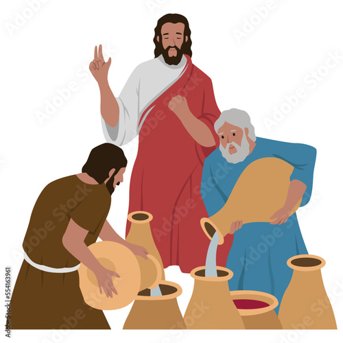 Jesus is doing the miracle of turning water into wine, cute cartoon characters, great for children's story books, bibles, stickers, packaging designs, t-shirts, printing and more