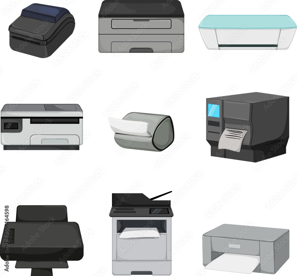 printer paper set cartoon. office computer, document scanner, digital machine printer paper vector illustration printer paper set cartoon. office computer, document scanner, digital machine printer paper vector illustration