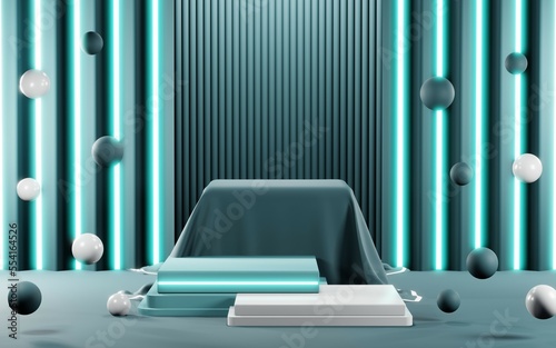 3D render of Podium background in blue tones for displaying cream products. cosmetics