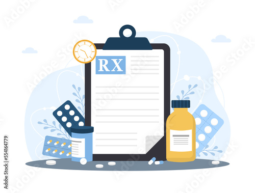 Medical prescription drugs concept. Large recipe on clipboard. Diseases therapy pills. Pharmacy control. Healthcare and treatment concept. Vector illustration in flat cartoon style.