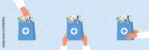 Delivery pharmacy service. Human hands holding paper bag with drugs and pills. Online medicine concept. Set of vector illustrations in flat cartoon style.