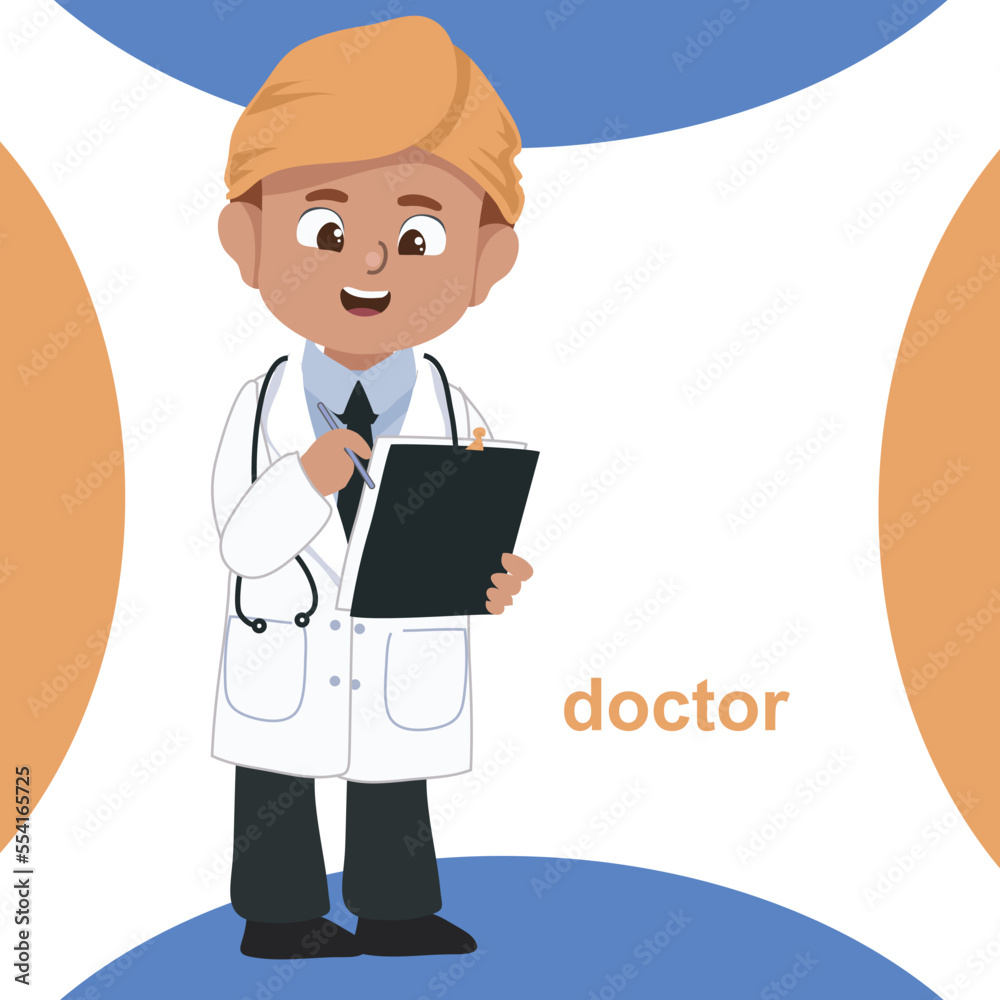 Colorful flashcard kids’ profession dream. An Indian little doctor with stethoscope on his neck while writing the patient’s medical record. Educational printable sheet for children. Cute cartoon. Colorful flashcard kids’ profession dream. An Indian little doctor with stethoscope on his neck while writing the patient’s medical record. Educational printable sheet for children. Cute cartoon.