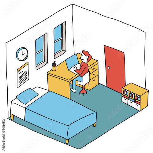 自宅でパソコンに向かう人　子供部屋でオンライン学習する若者