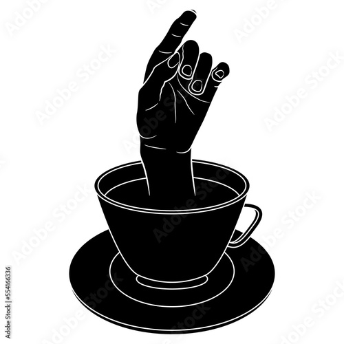Female hand with pointing up index finger emerging from a cup of tea or coffee. Creative funny beverage concept. Black and white silhouette.
