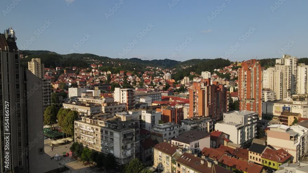 Uzice, Serbia. Establishing Drone Shot of City Center, Residential Towers and Buildings Uzice, Serbia. Establishing Drone Shot of City Center, Residential Towers and Buildings