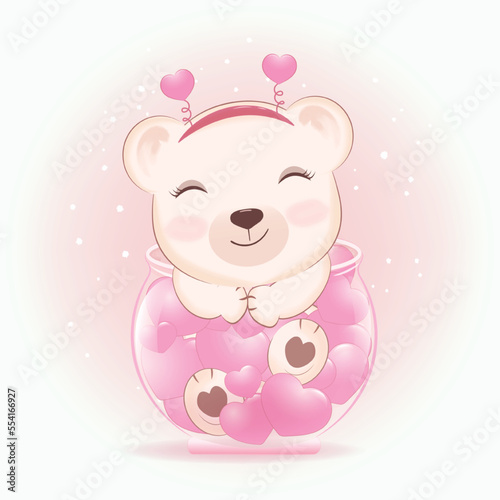 Cute Bear and heart in jar, valentine's day concept illustration