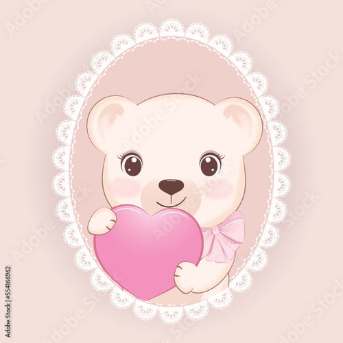 Cute Teddy Bear and heart in oval lace frame, valentine's day concept