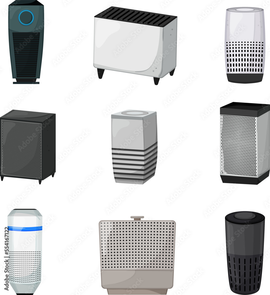 ionizer air purifier set cartoon. home humidiffer, room cleaner, house filter, living ionizer, bedroom dust appliance ionizer air purifier vector illustration