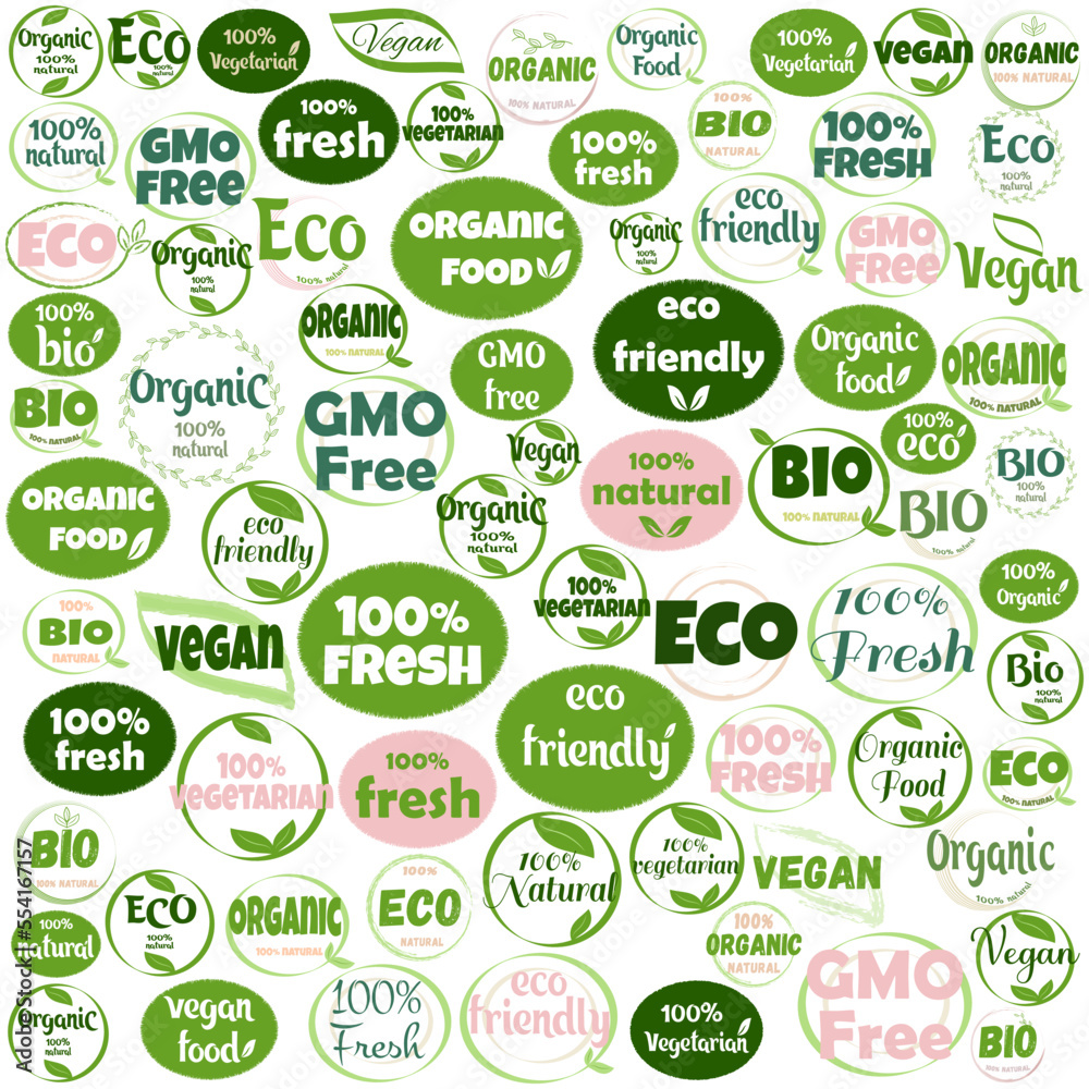 Set organic eco natural bio vegan sticker label logo icon. Logo with a pattern of green leaves. Ecological products. Stickers of eco-friendly products. Vector illustration of vegan organic food icons Set organic eco natural bio vegan sticker label logo icon. Logo with a pattern of green leaves. Ecological products. Stickers of eco-friendly products. Vector illustration of vegan organic food icons
