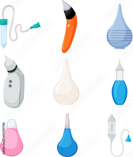 nasal aspirator set cartoon. baby nose, mucus suction, child electric cleaner, sick flu newborn nasal aspirator vector illustration