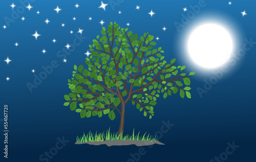 Green tree in the night sky with blue background, modern art vintage vector art illustration,  digital abstract wallpaper  © DesignerSaidur