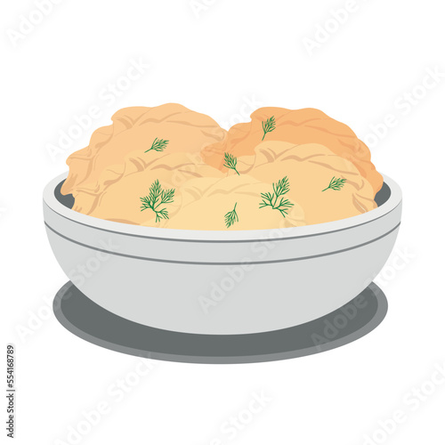 The icon of dumplings in a bowl, highlighted on a white background. Vector illustration in a flat style