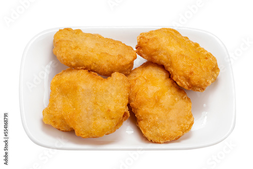 Nugget Fried chicken on white dish on white background, Fried chicken on white PNG File.