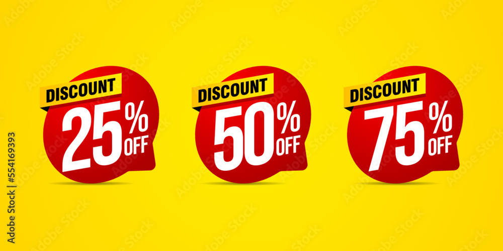 Set of discount label vector illustration, sale banner for promotional 25% off, 50% off, 75% off special offer tag sticker design element