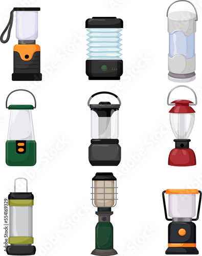 lantern camp lamp set cartoon. old light, kerosine oil electric, camping night, gas glass campsite, portable battery lantern camp lamp vector illustration