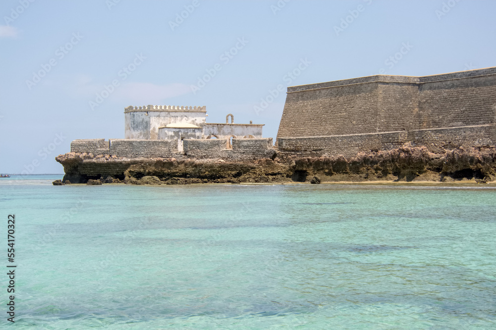 View of  the Chapel of Nossa Senhora de Baluarte and the Saint Sebastian Fortress over the sea, Mozambique
