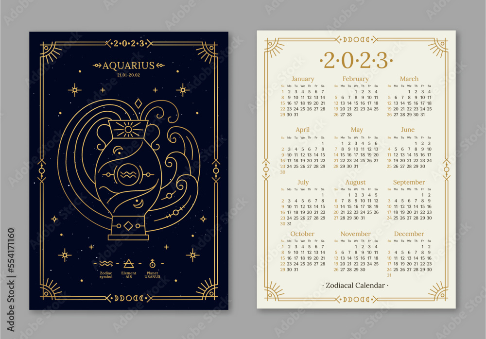 Year 2023 calendar template with Aquarius golden zodiac symbol. Pocket