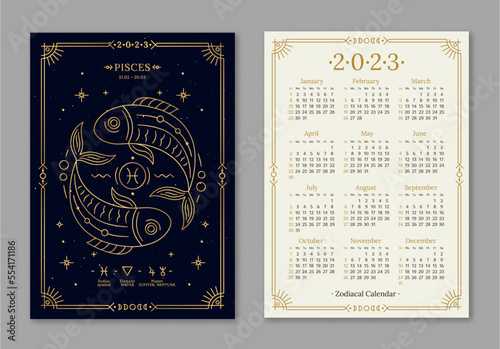 Year 2023 calendar template with Pisces golden zodiac symbol. Pocket size dark navy color calendar with Fishes horoscope sign. Week starts on Sunday thin line vector illustration