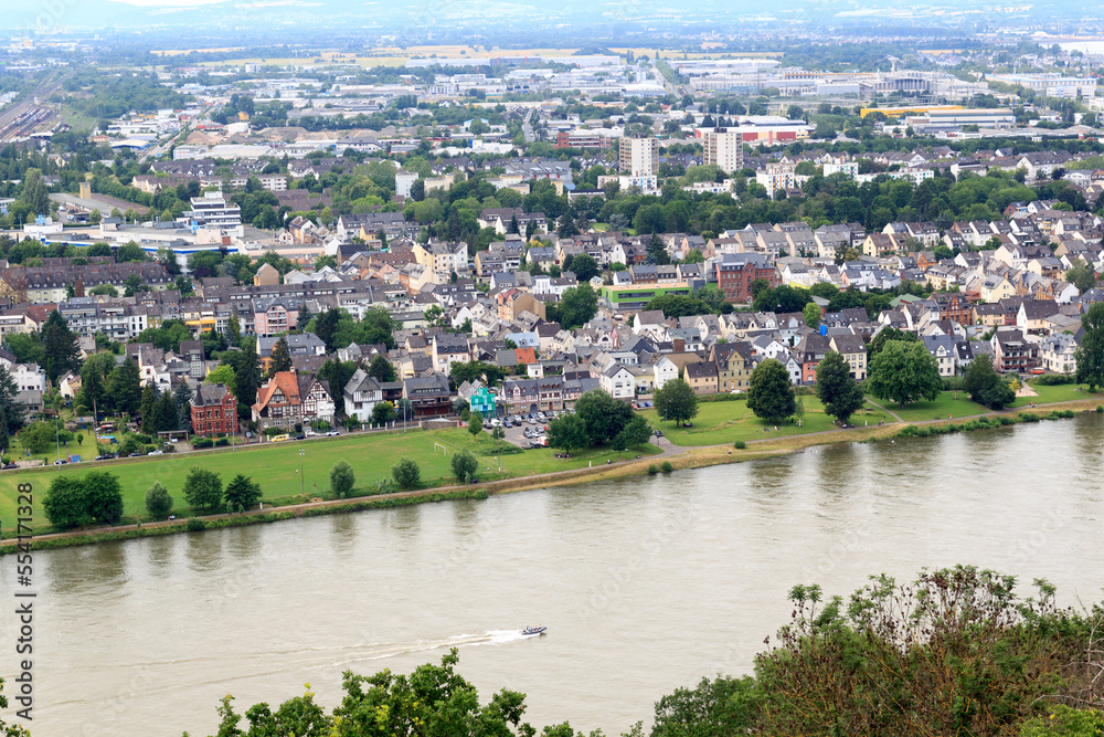 Panorama View of Koblenz quarter Neuendorf at river Rhine, Germany