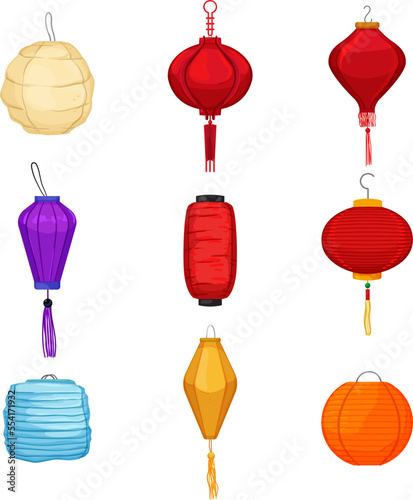 asian lantern set cartoon. chinese japanese festival, china new year, paper lamp light asian lantern vector illustration