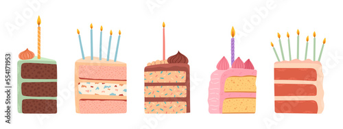 Cakes slices pieces with candles isolated on white. Set of cakes. Vector for postcards and stickers