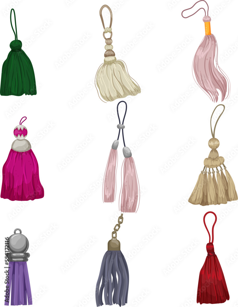 tassel rope set cartoon. gold fringe cord, trim string, fabric decorative silk brush tassel rope vector illustration tassel rope set cartoon. gold fringe cord, trim string, fabric decorative silk brush tassel rope vector illustration