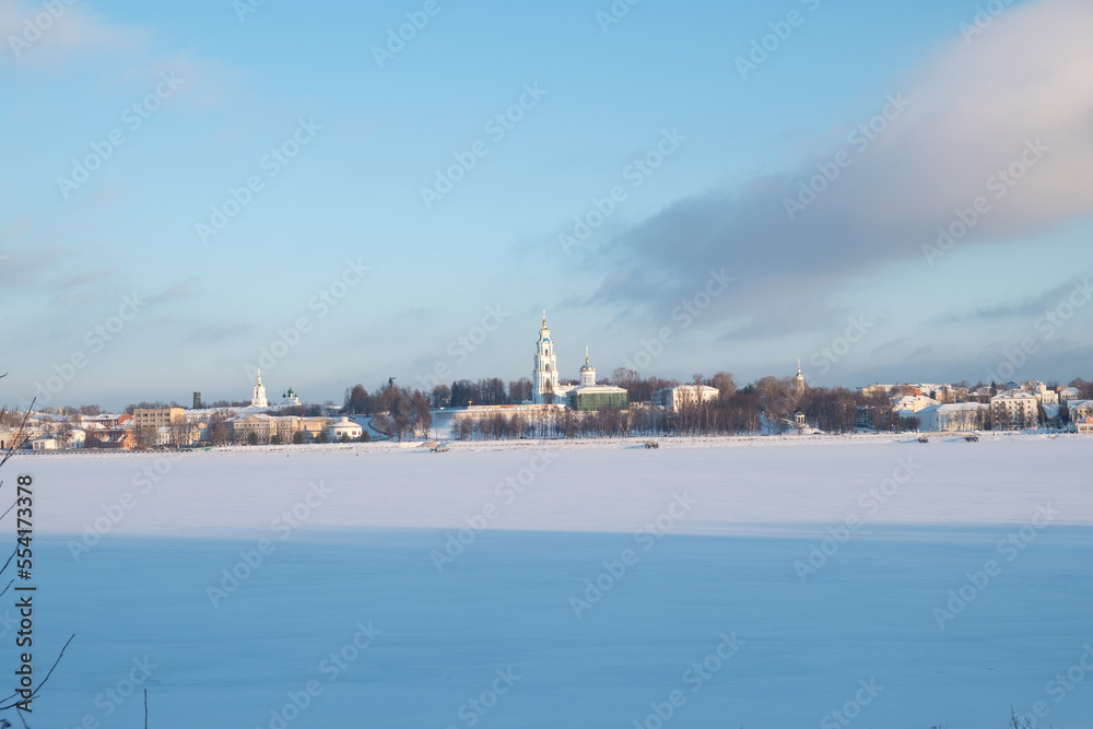 A view  in winter from the right bank of the Volga River in Kostroma, Russia.