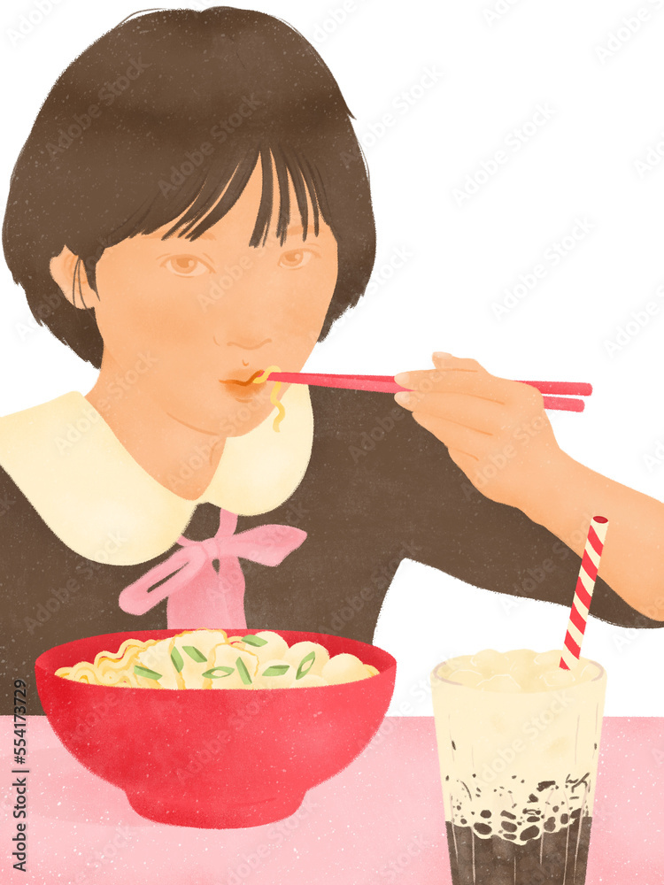 Asian teenage girl eating Hong Kong style flat rice noodles in fish ball soup on transparent background Asian teenage girl eating Hong Kong style flat rice noodles in fish ball soup on transparent background