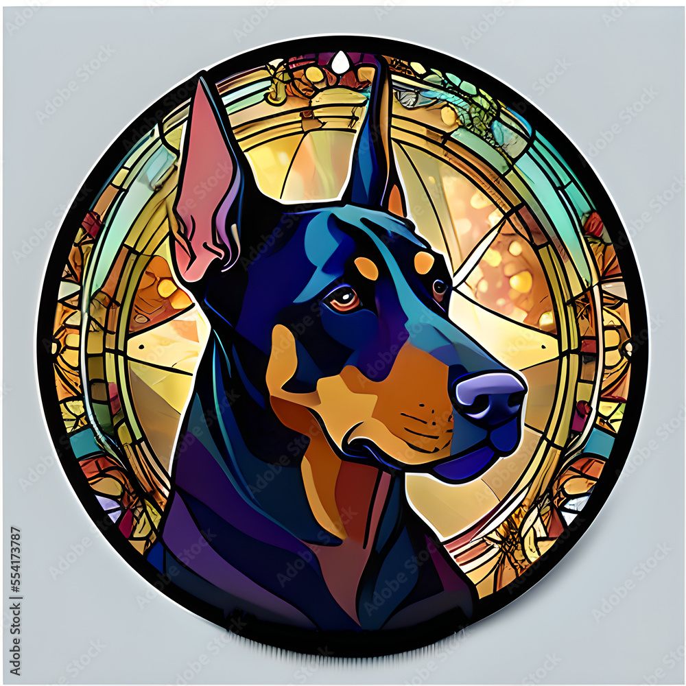 AIgenerated illustration of a Dobermann dog in a stained glass/mosaic