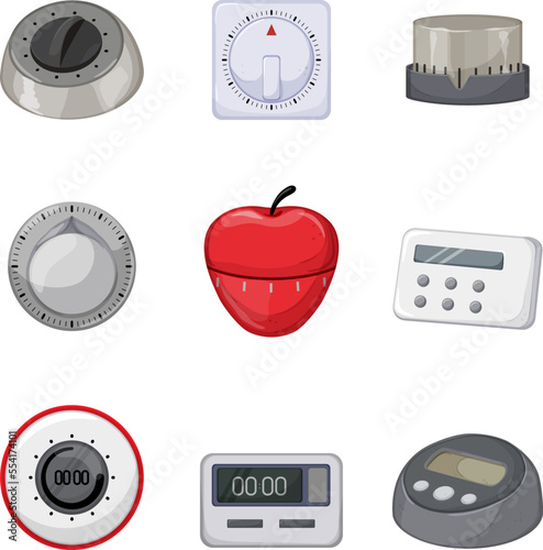 kitchen timer clock set cartoon. cooking alarm, cook time, food analog minute kitchen timer clock vector illustration