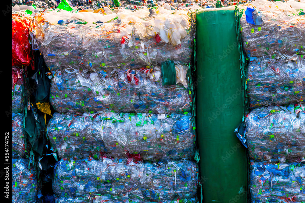 Sorted and packed in bags and bales garbage for recycling of