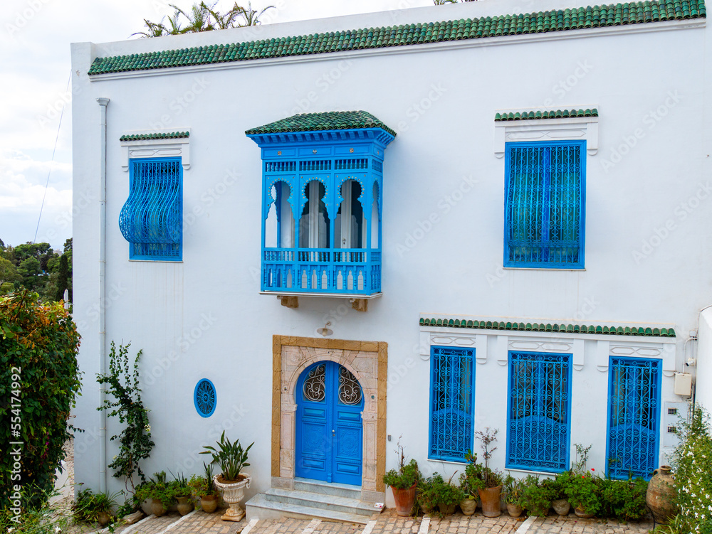 Typical Tunisian Architecture in Sidi Bou Saïd, Coastal Tunisia on a cloudy afternoon
