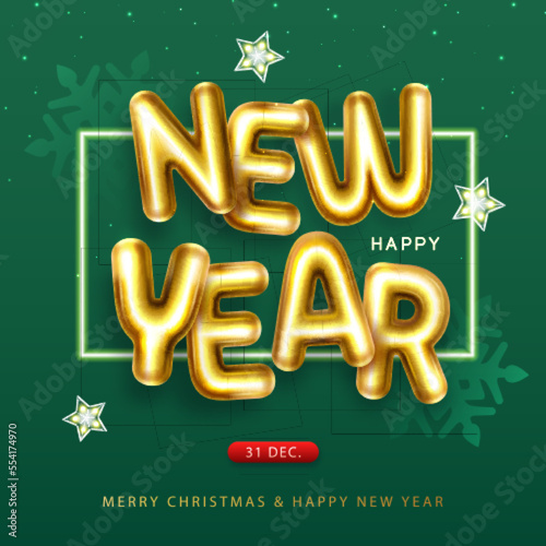 Happy New Year poster with 3D chromic letters  snowflakes and stars. Holiday greeting card. Vector illustration