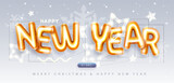 Happy New Year poster with 3D chromic letters, snowflakes and stars. Holiday greeting card. Vector illustration